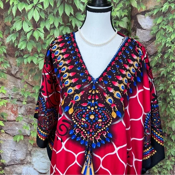 TRUE ROCK Red and Blue Maxi Length Caftan, One Size - Picture 3 of 13